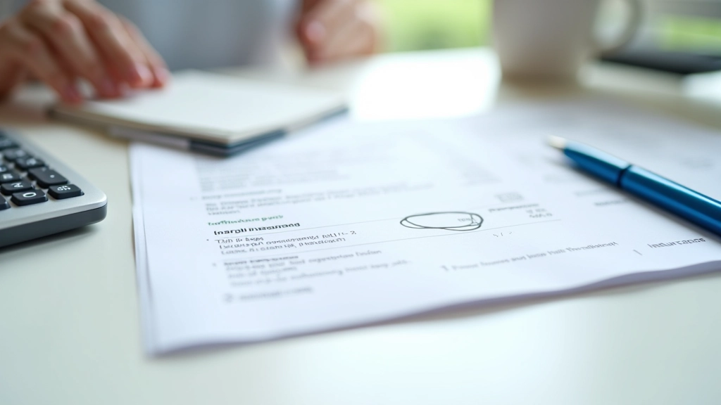 Rechner und Versicherungspolice mit Stift auf dem Schreibtisch