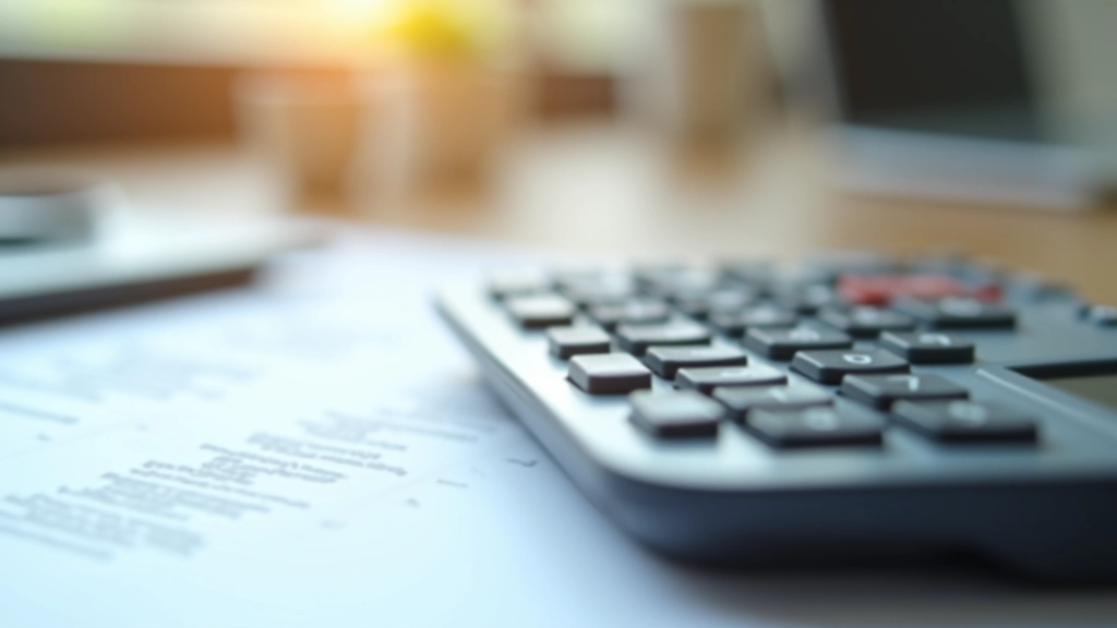 Nahaufnahme einer Taschenrechner-Anzeige mit Versicherungsunterlagen im Hintergrund