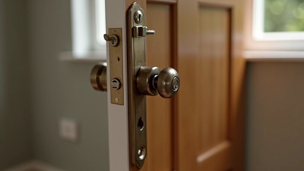 Nahaufnahme von Schlössern an einer Haustür, mit Handwerk-Werkzeugen und Schlüsselbund im Hintergrund