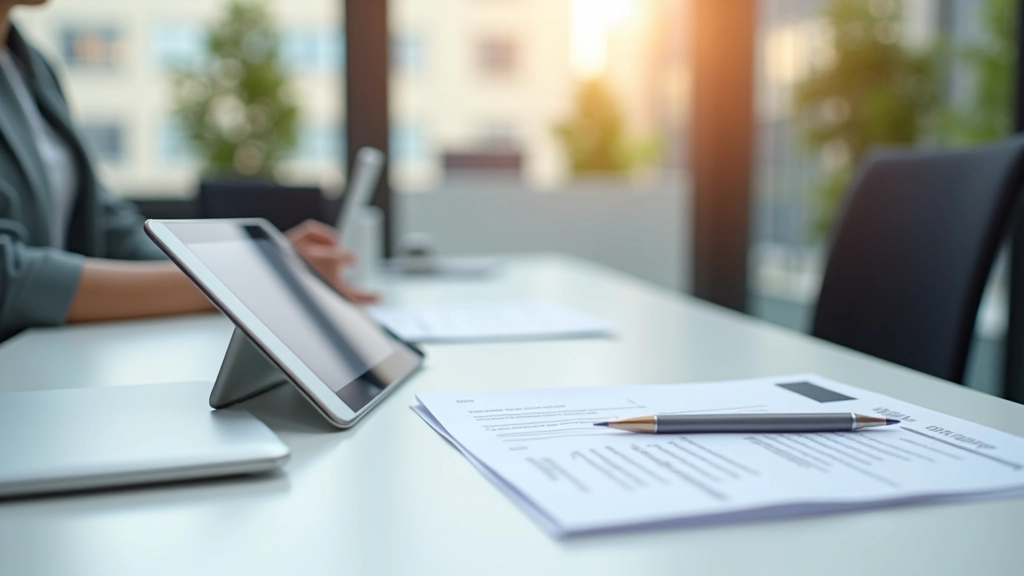 Moderne Versicherungspolice auf Schreibtisch mit digitalen Elementen