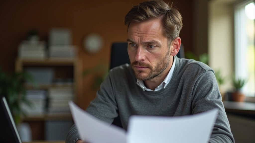 Mann schaut mit besorgtem Gesichtsausdruck auf Versicherungspolice und Kreditkarten