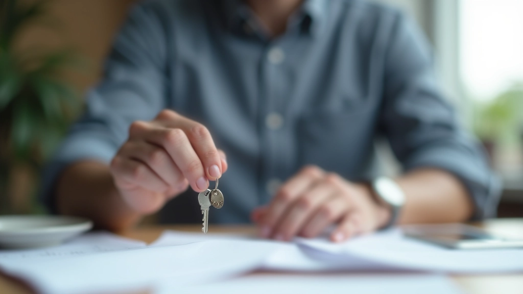 Person mit Schlüsselbund in der Hand, sitzt am Tisch mit Versicherungsdokumenten und Kaffeetasse