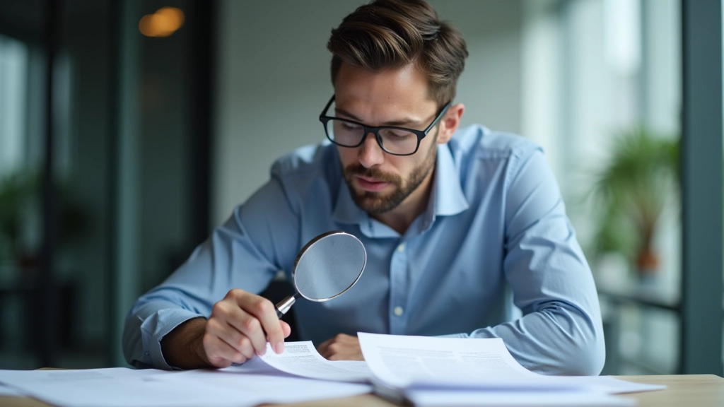 Person mit Lupe untersucht Versicherungsvergleich und Taschenrechner auf Schreibtisch
