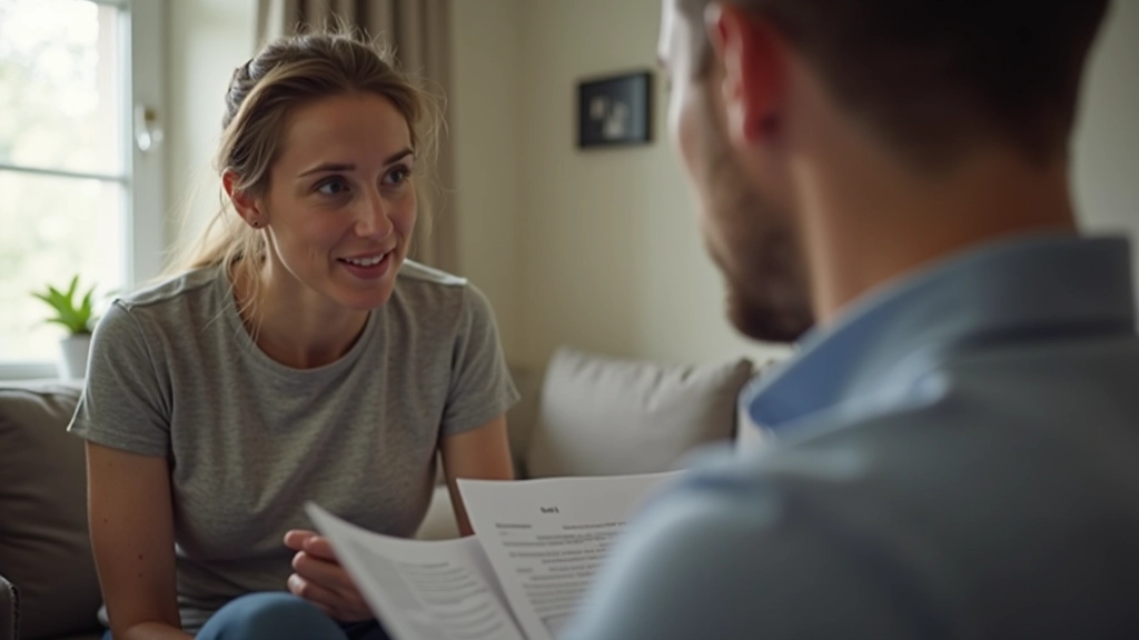 Nachbarn besprechen einen Schaden im Wohnzimmer mit Versicherungsdokumenten